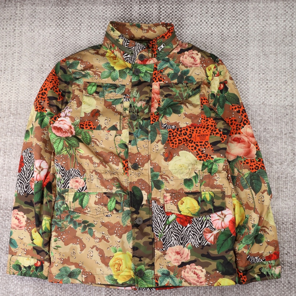 Reason Clothing Mens Floral Camo Leopard Print Field Jacket Hooded Streetwear L